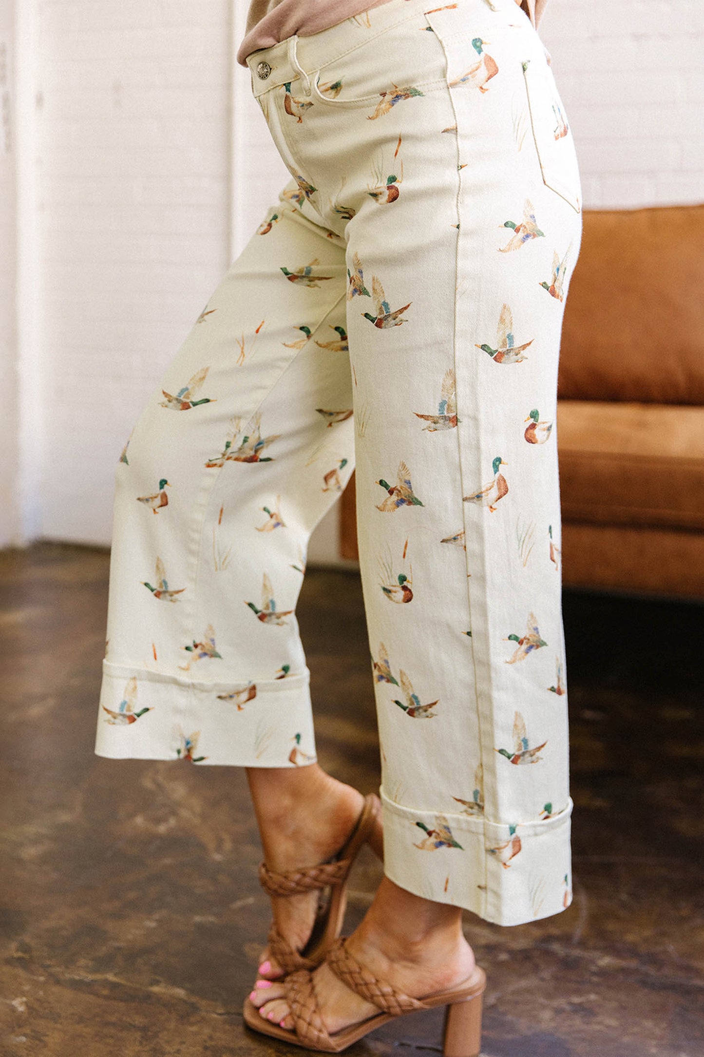 Beige Mallard Print Cuffed Jeans