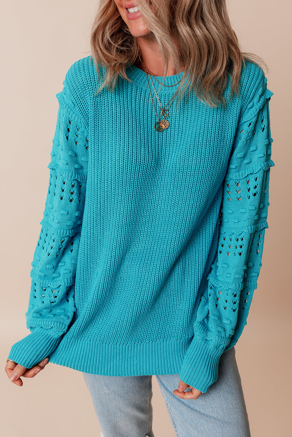 Turquoise Ruffle Eyelet Bubble-Sleeve Sweater