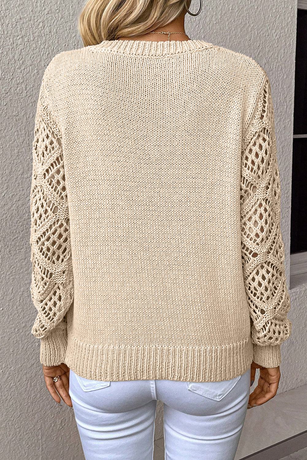 Black Pointelle-Sleeve V-Neck Sweater