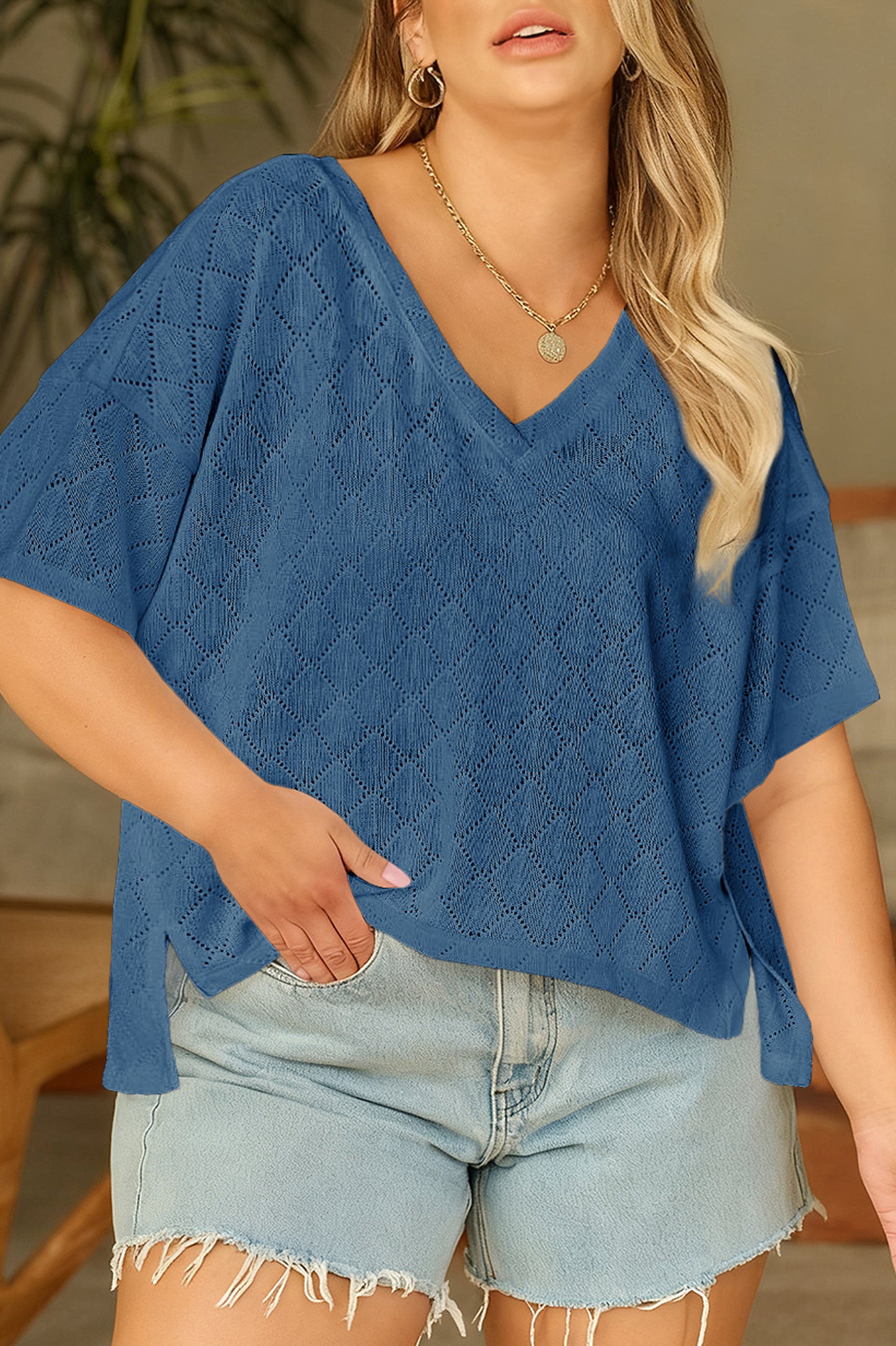 Golden Fleece Pointelle V-Neck Knit Top