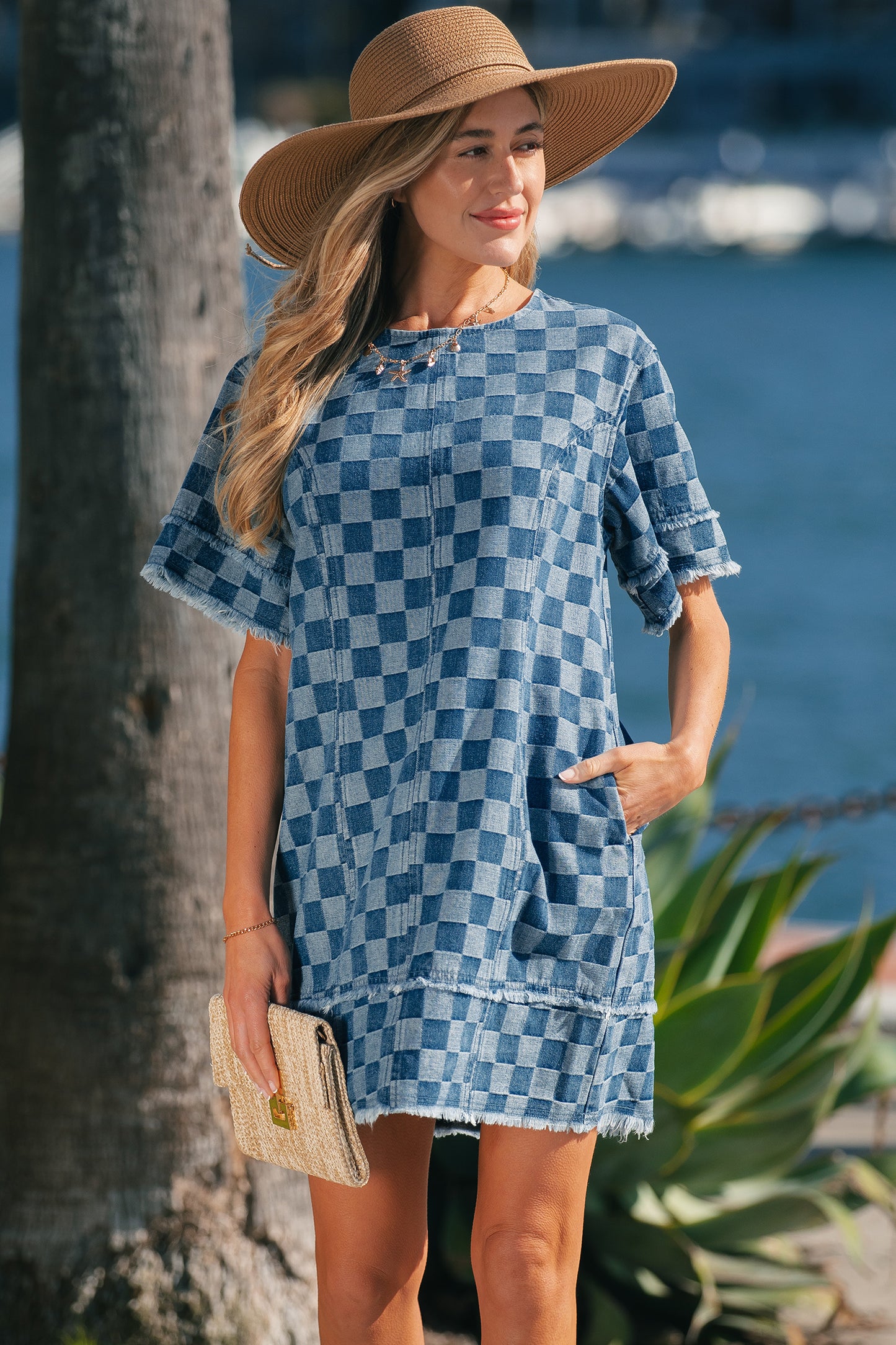 Sky Blue Checkerboard Denim Mini Dress