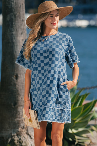 Sky Blue Checkerboard Denim Mini Dress