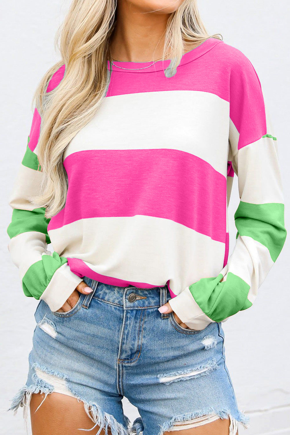 Light Blue Color-Block Striped Long-Sleeve Top
