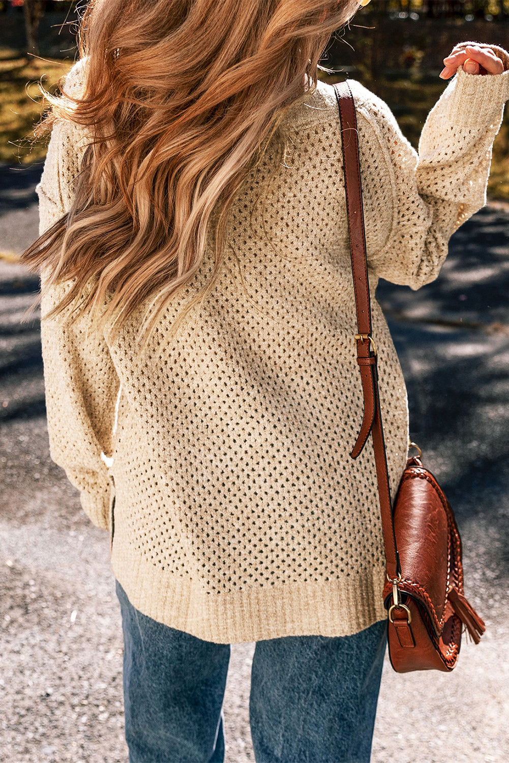 Jungle Green Eyelet Drop-Shoulder V-Neck Sweater