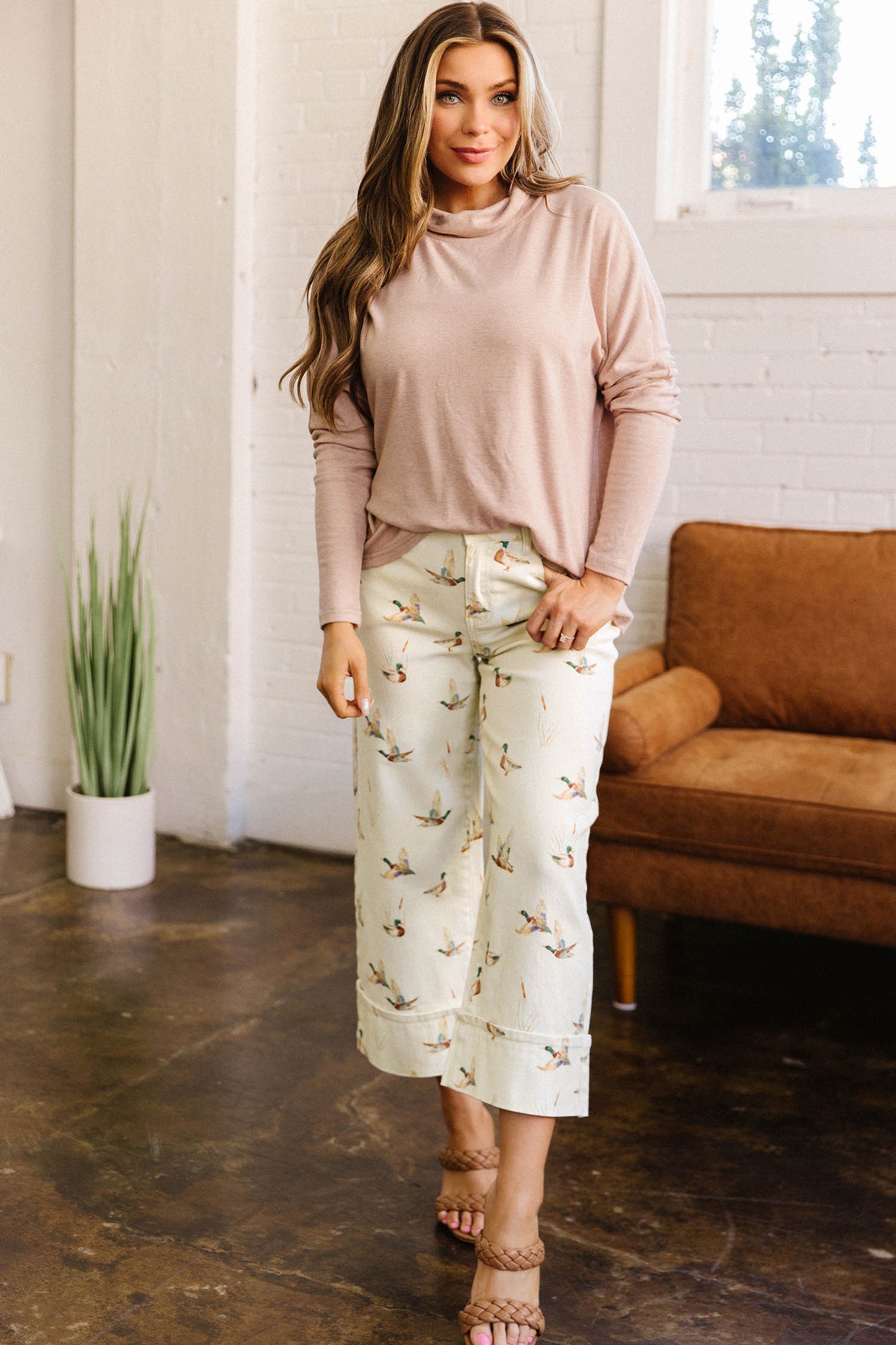 Beige Mallard Print Cuffed Jeans