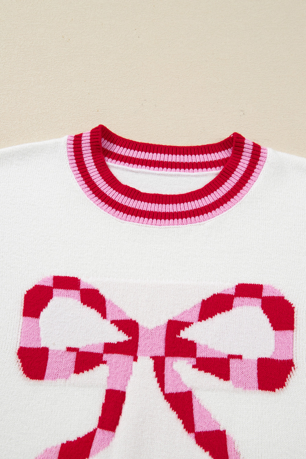 White Bow-Graphic Striped-Trim Sweater