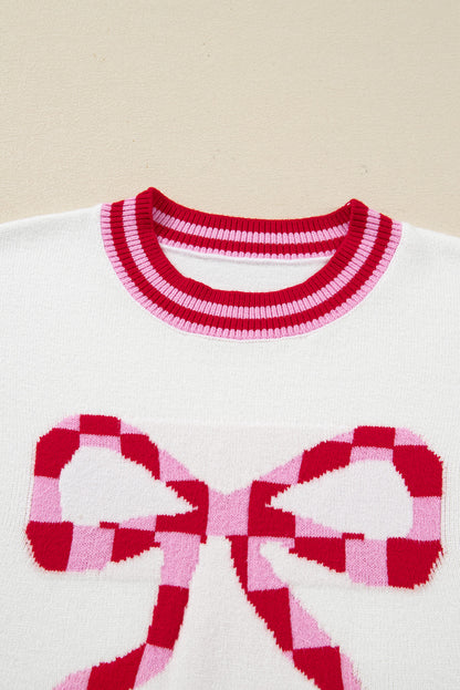 White Bow-Graphic Striped-Trim Sweater