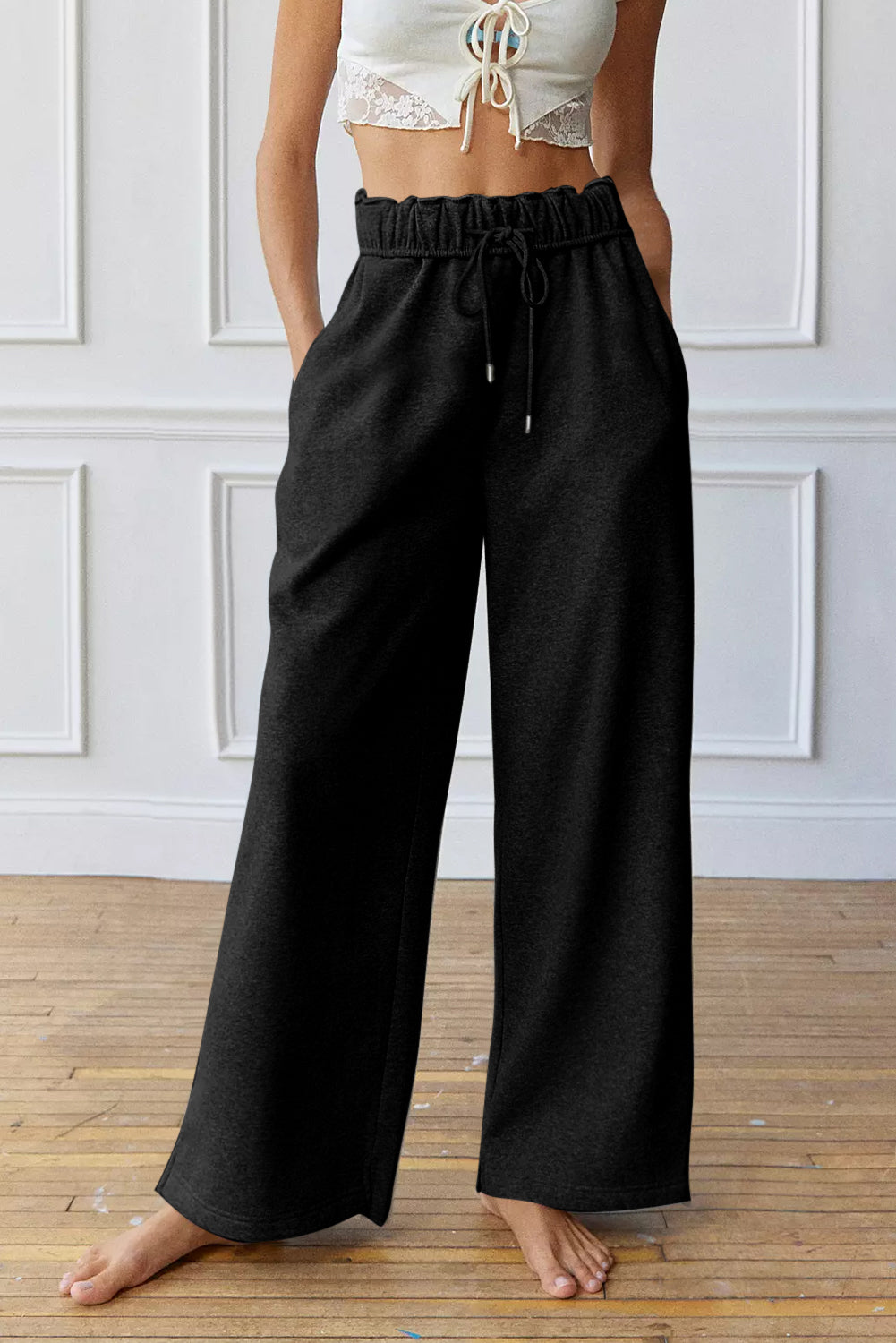 Black Drawstring Wide-Leg Sweatpants