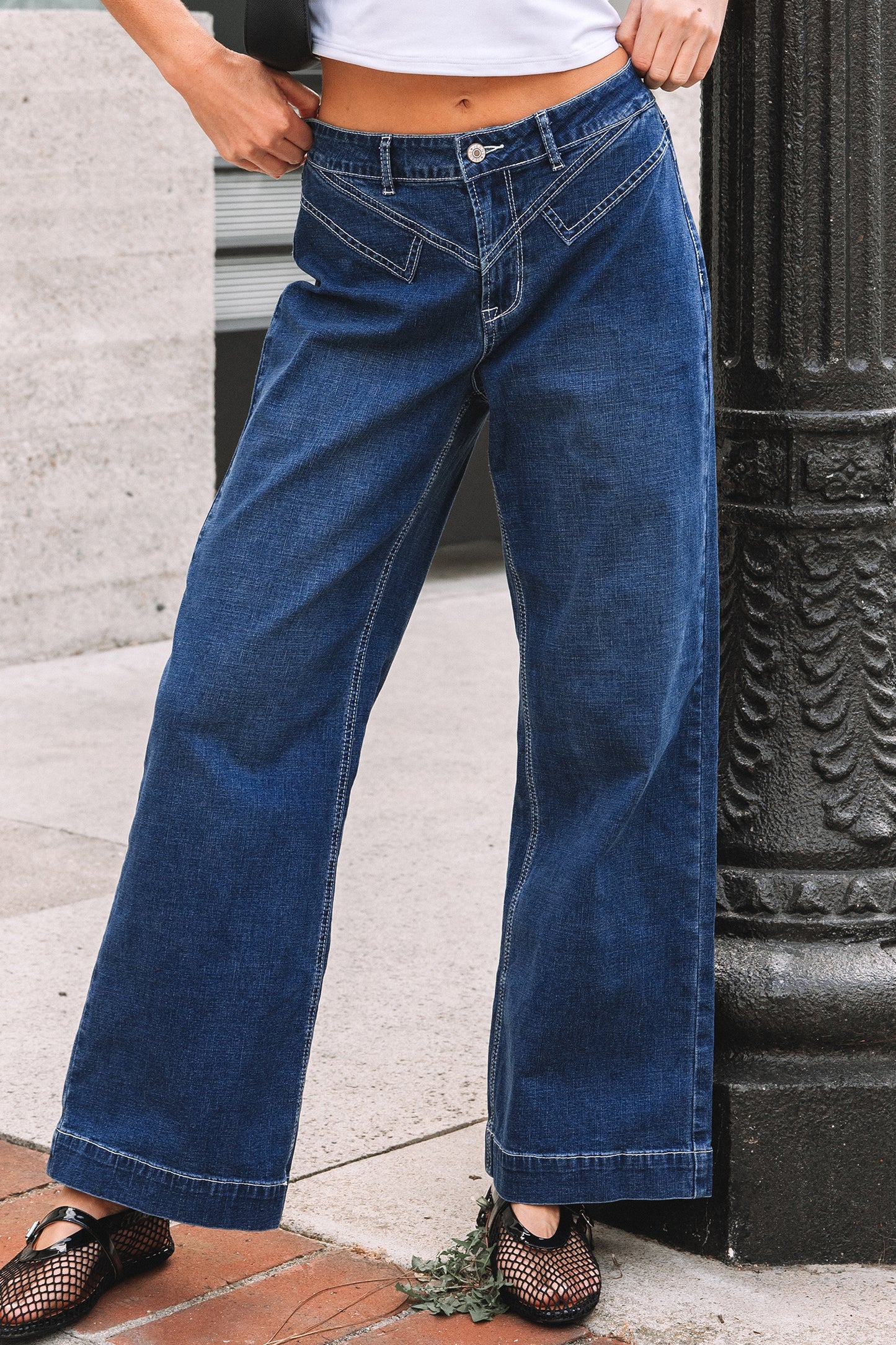 Sail Blue Stitched-Waist Wide-Leg Jeans