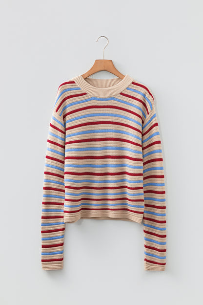 Khaki Multicolor Striped Cropped Sweater