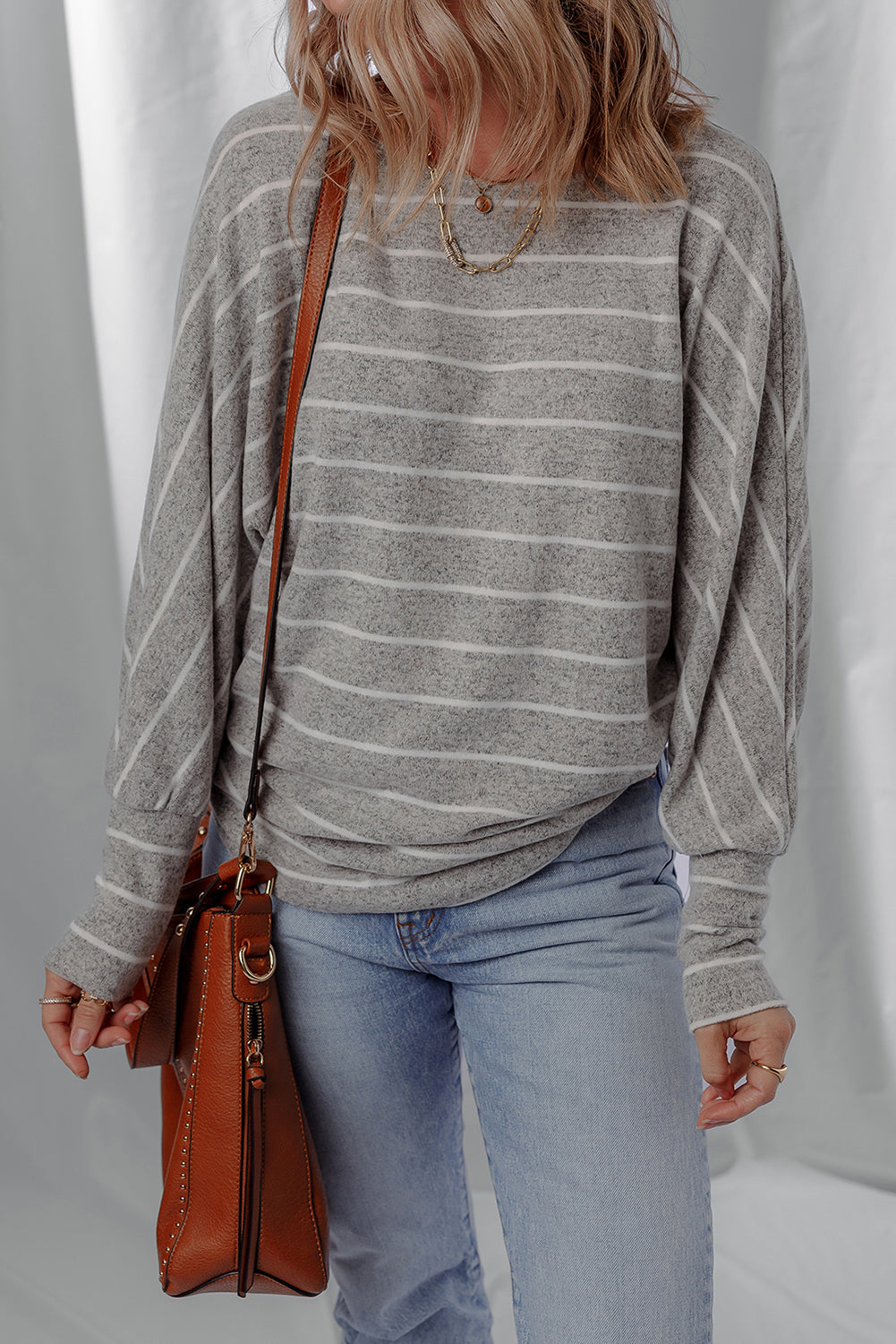 Gray Stripe Dolman-Sleeve Knit Top