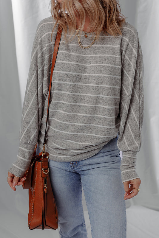 Gray Stripe Dolman-Sleeve Knit Top