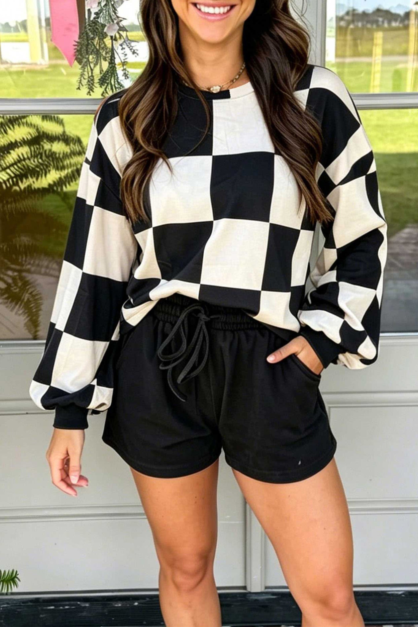 Khaki Checkerboard Plaid Long-Sleeve Solid Shorts Two-Piece Set