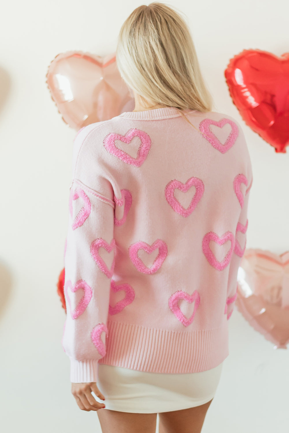Pink Heart Bubble-Sleeve Oversized Sweater