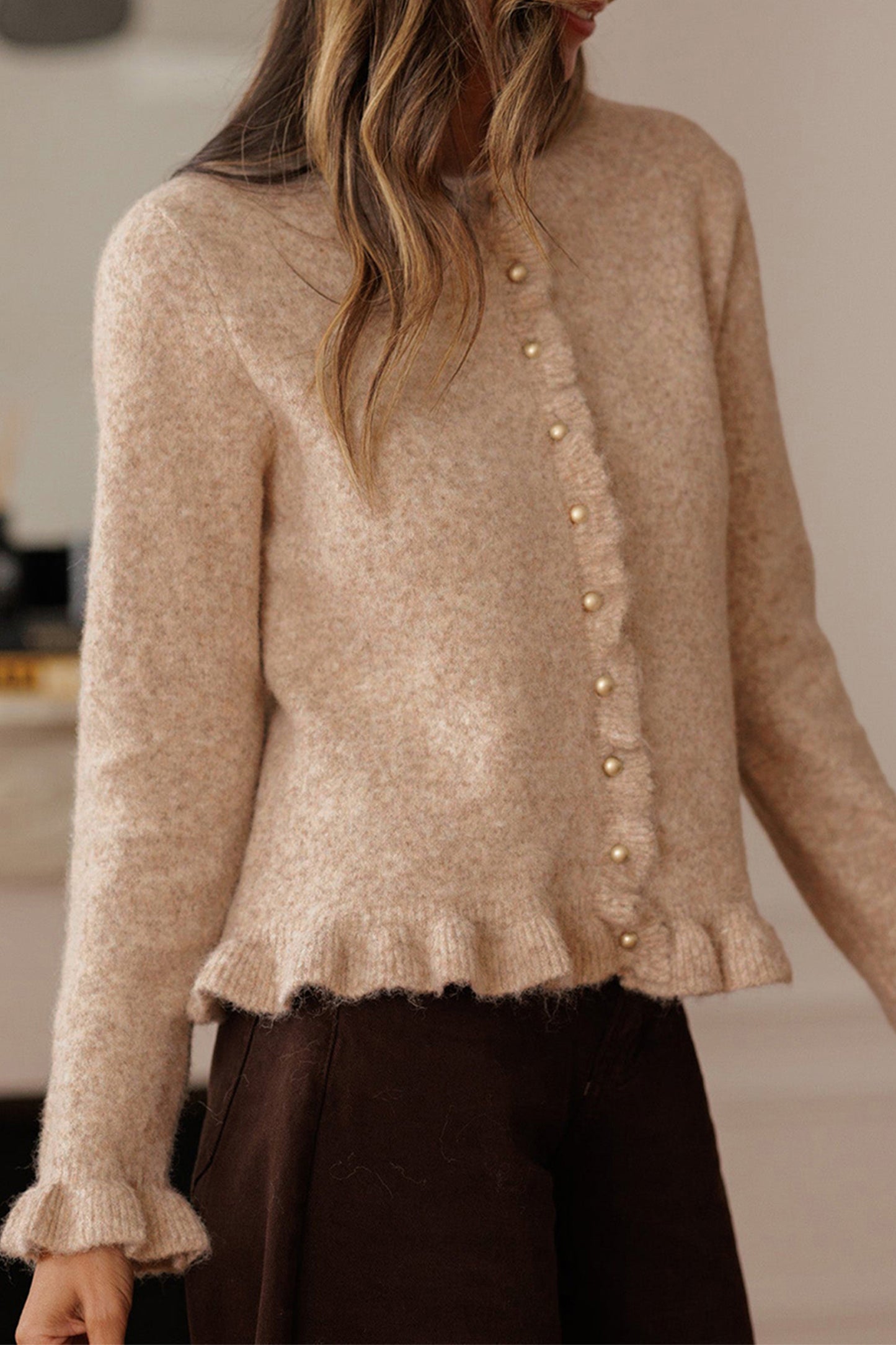 Oatmeal Ruffle-Trim Button Cardigan