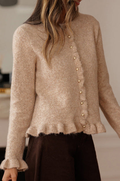 Oatmeal Ruffle-Trim Button Cardigan