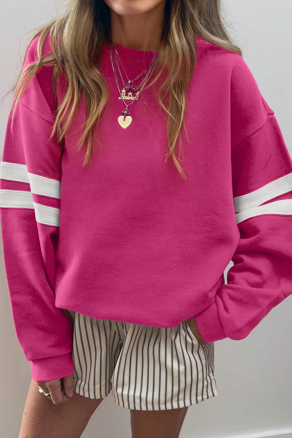 White Varsity Striped Detail Drop-Shoulder Oversized Sweatshirt