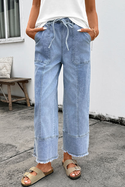 Prussian Blue Drawstring Seam Detail Raw Hem Wide-Leg Denim Pants