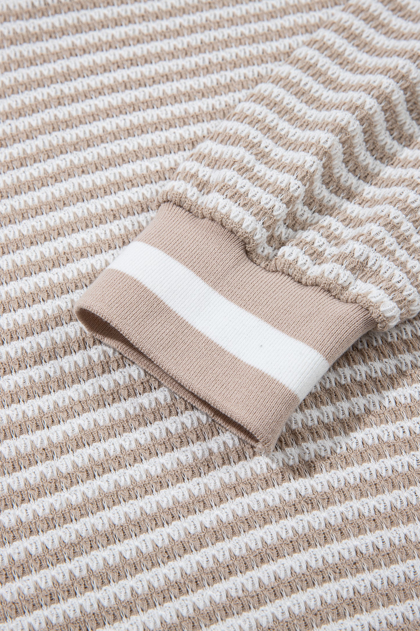 Beige Striped Textured V-Neck Knit Top