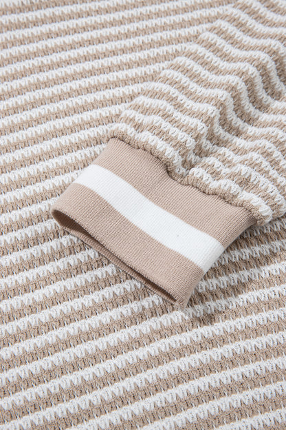 Beige Striped Textured V-Neck Knit Top