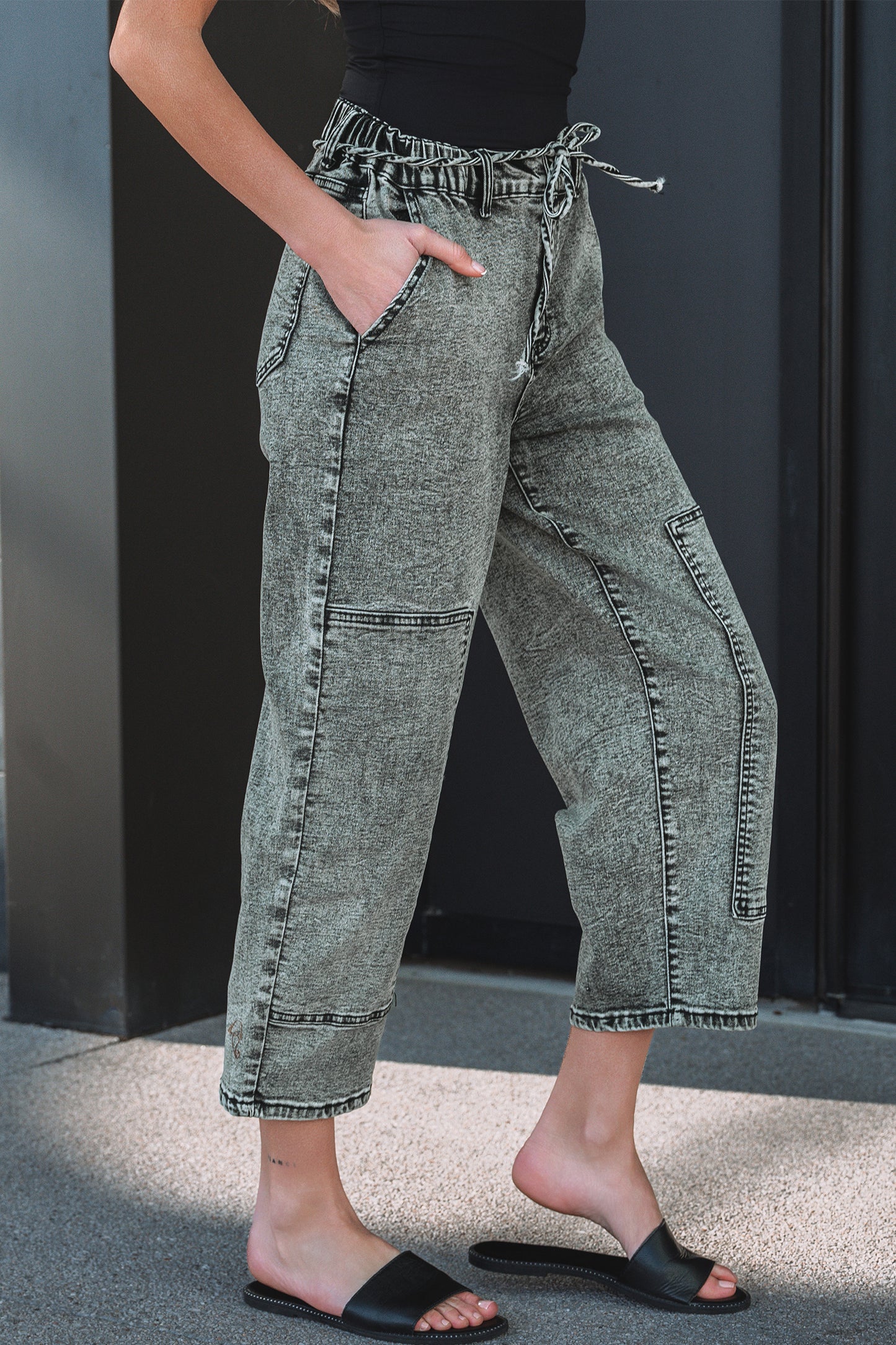 Gray Acid-Wash Tie-Waist Jeans