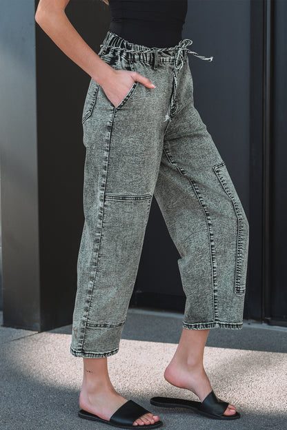 Gray Acid-Wash Tie-Waist Jeans