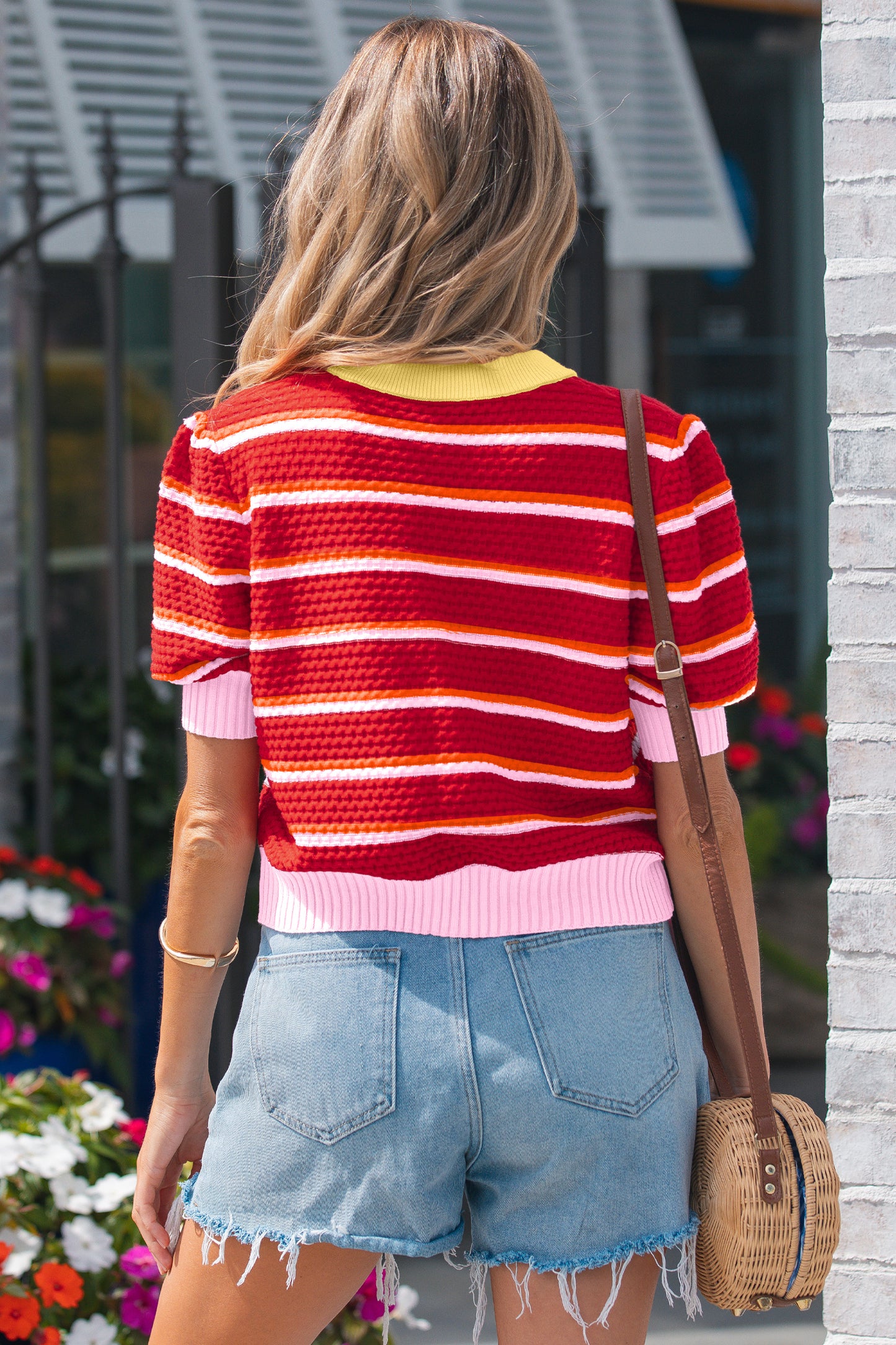 Green Striped Color-Block Short-Sleeve Sweater
