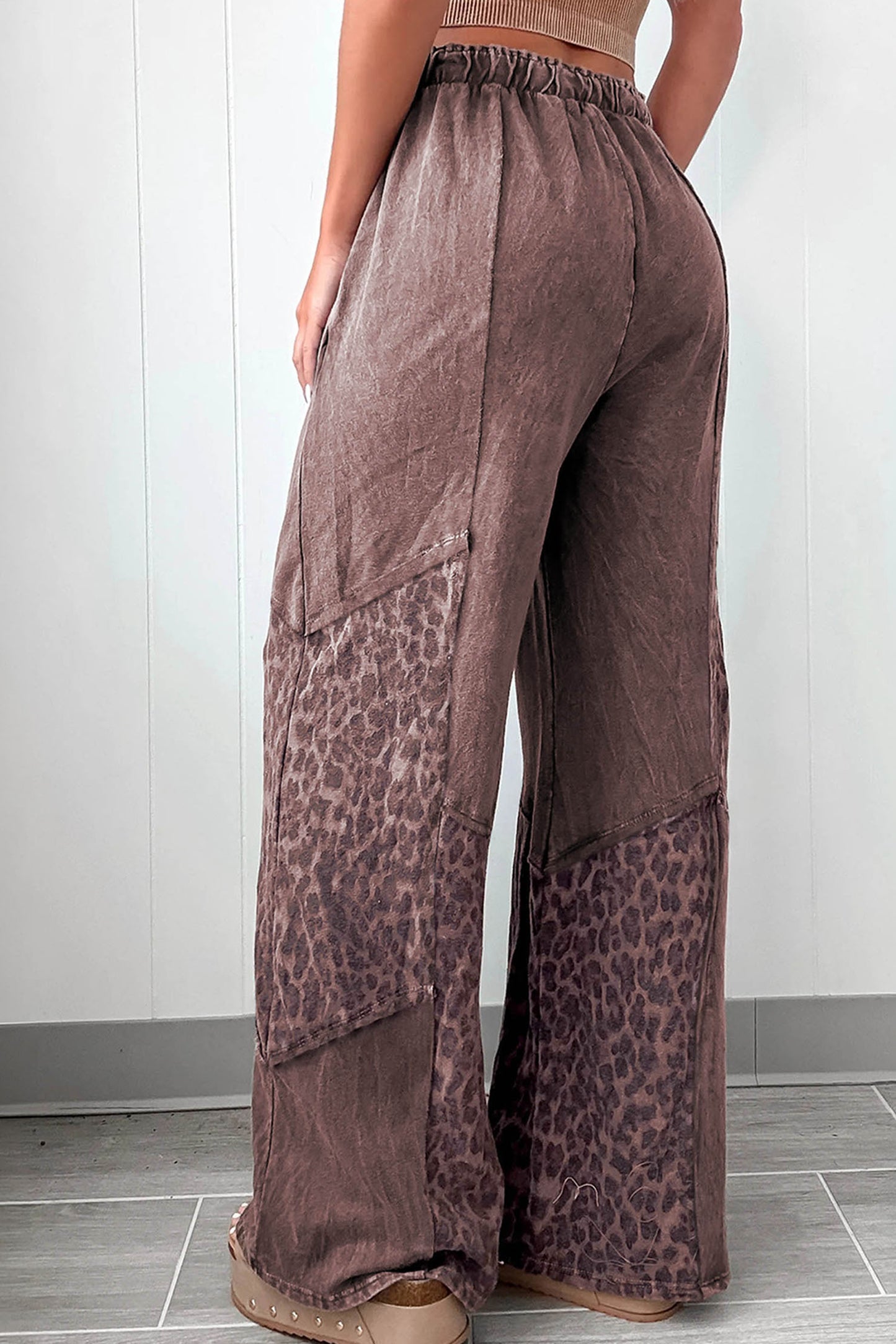 Coffee Leopard-Panel Wide-Leg Pants