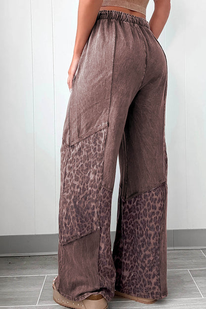 Coffee Leopard-Panel Wide-Leg Pants