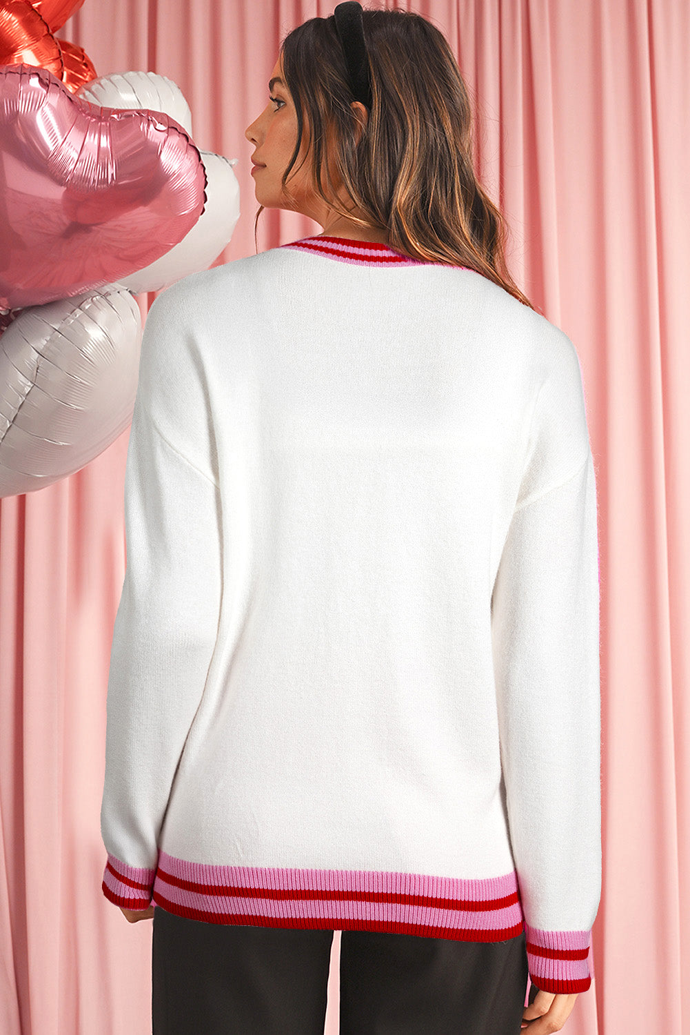 White Bow-Graphic Striped-Trim Sweater