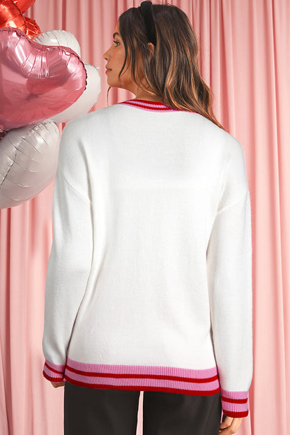 White Bow-Graphic Striped-Trim Sweater
