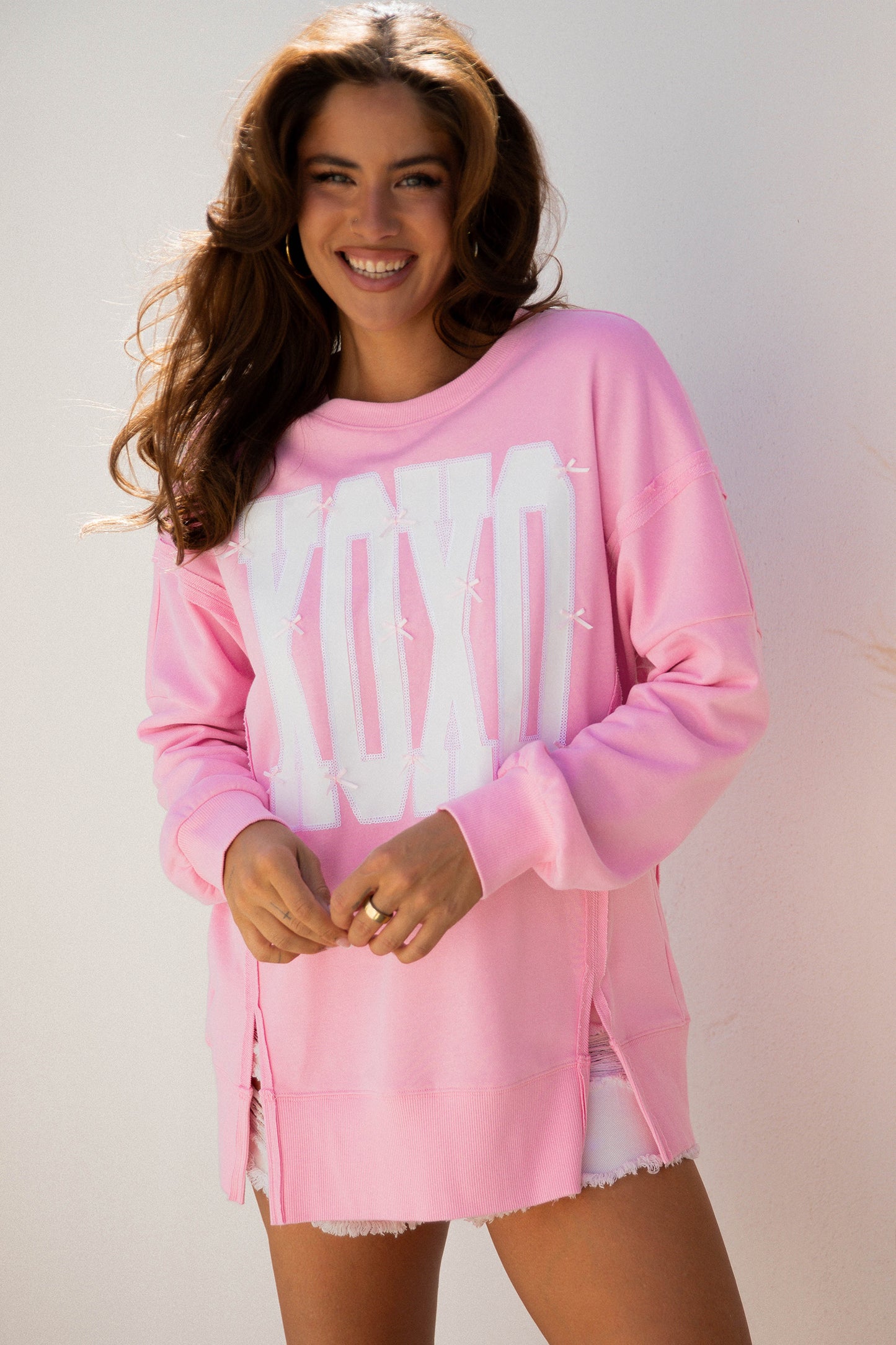 White XOXO Sequin Bow Graphic Sweatshirt