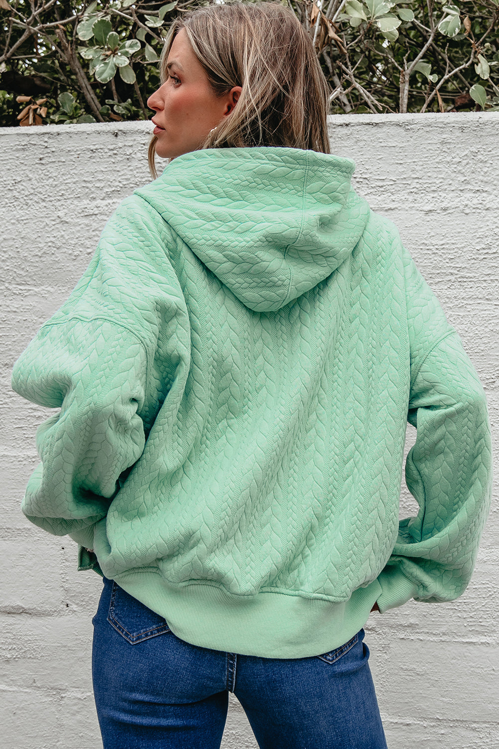 Moonlight Jade Cable-Texture Oversized Hoodie