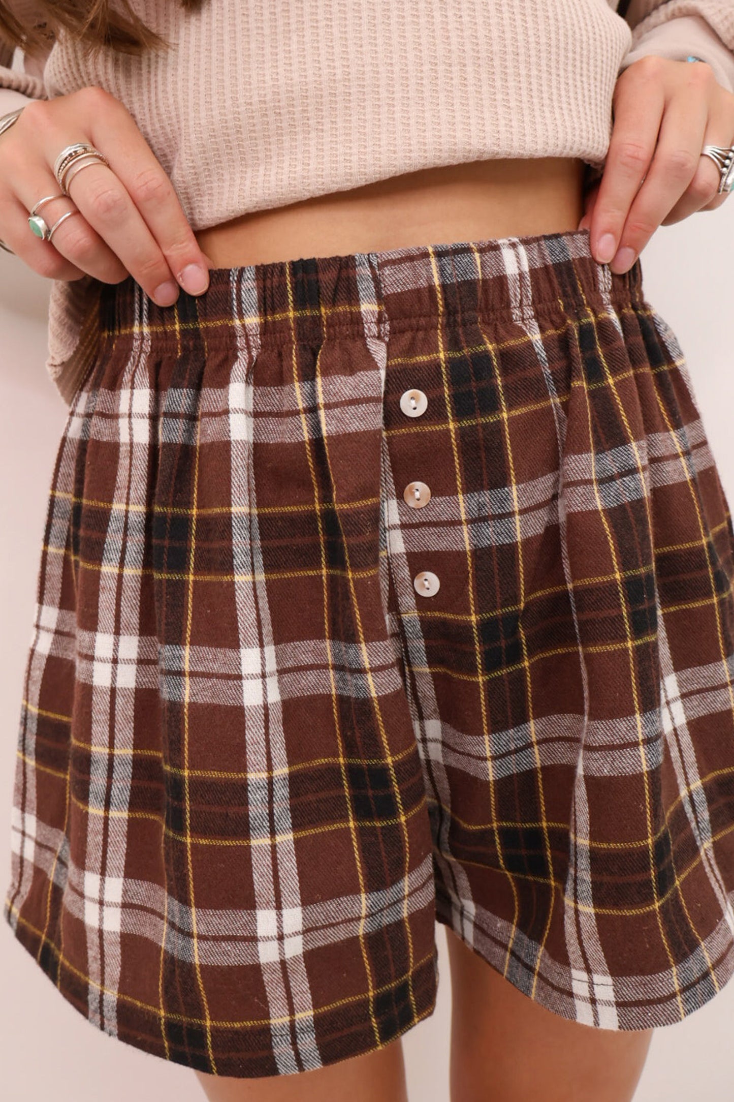 Brown Plaid Button-Front Shorts