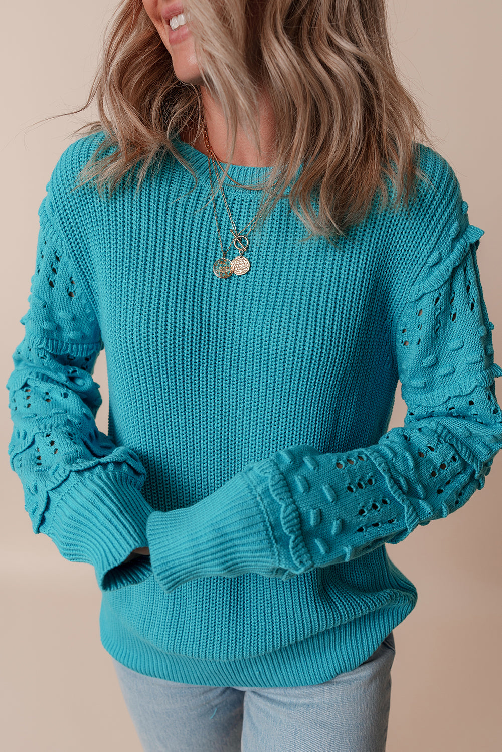 Turquoise Ruffle Eyelet Bubble-Sleeve Sweater