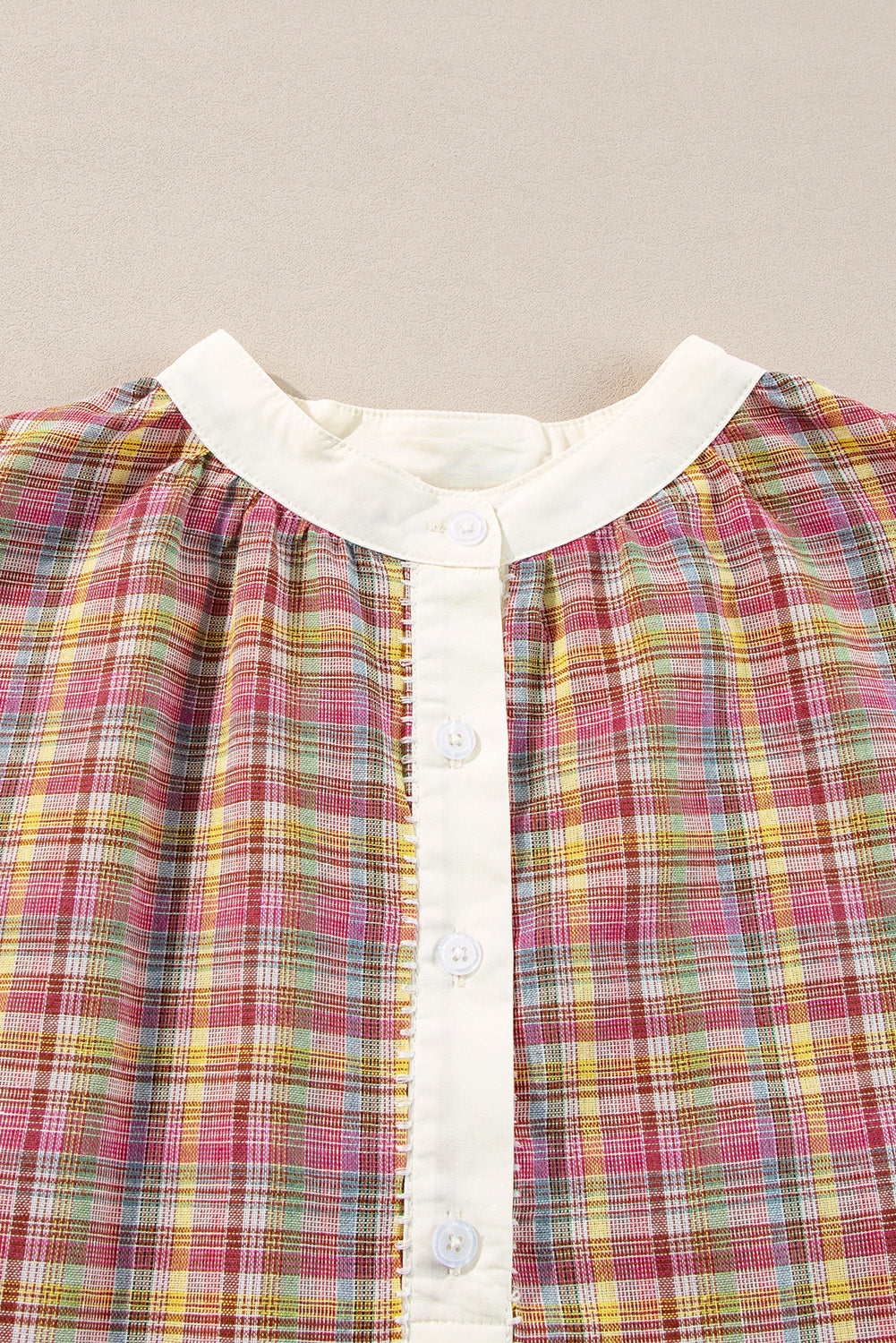 Pink Plaid Contrast-Trim Henley Blouse