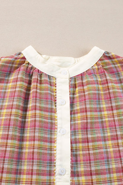 Pink Plaid Contrast-Trim Henley Blouse