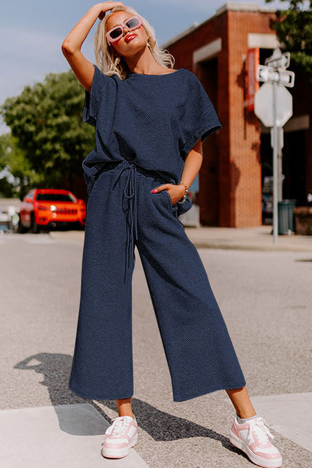 Gray Textured T-Shirt and Pants Set