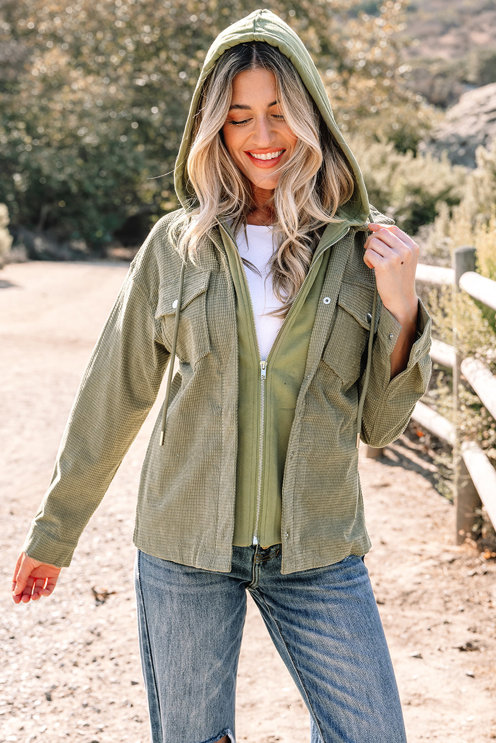 Laurel Green Layered Textured Hooded Jacket
