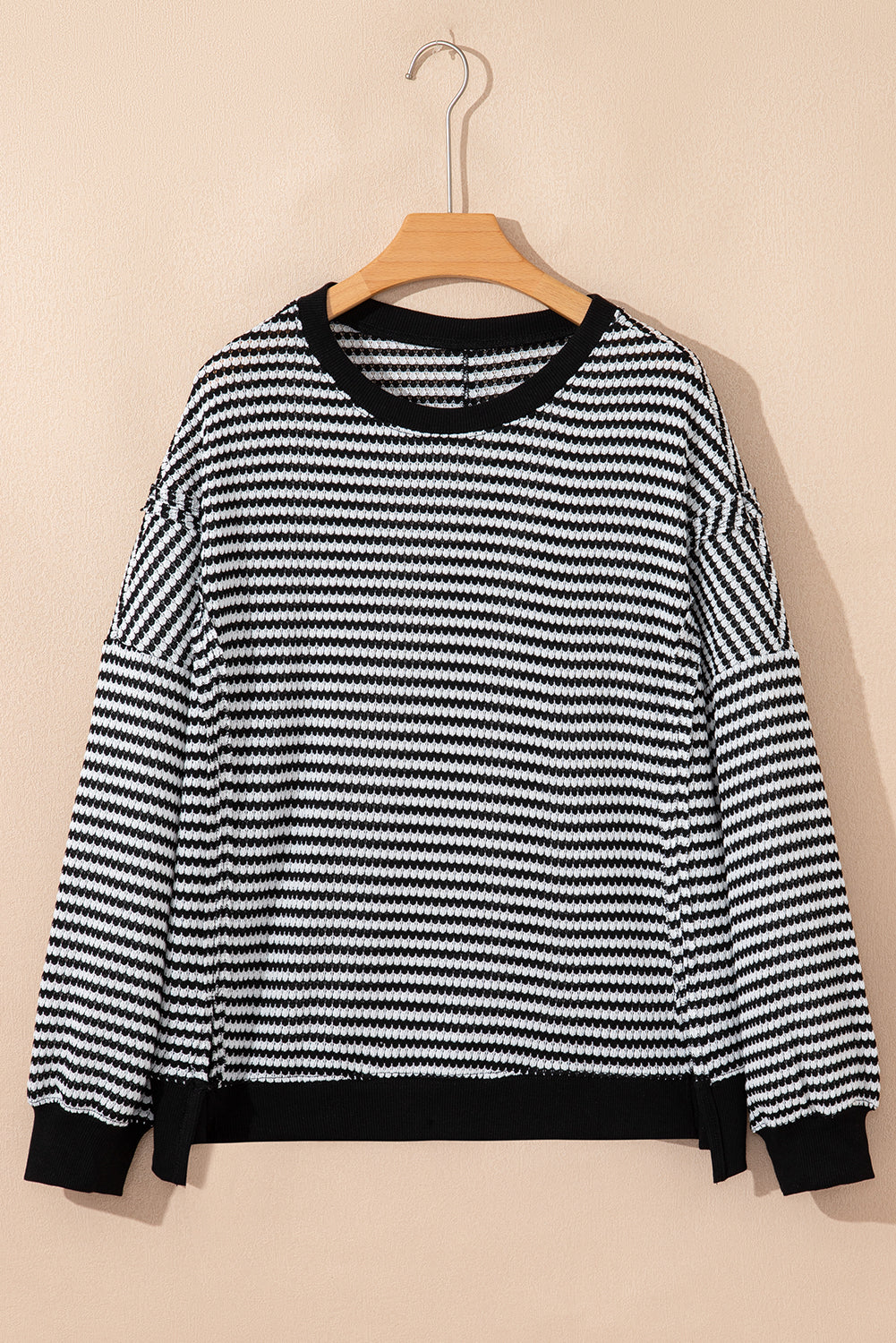 Black Striped Waffle-Knit Oversized Top