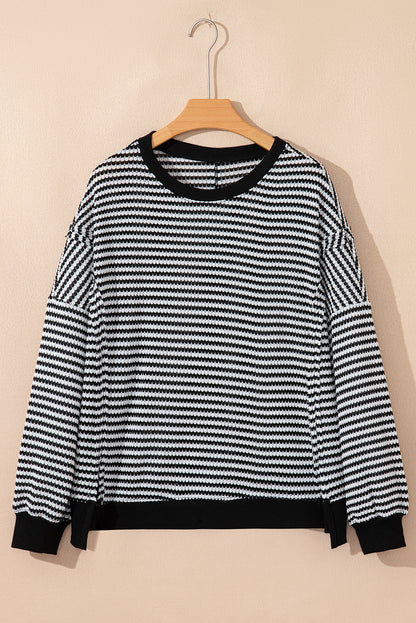 Black Striped Waffle-Knit Oversized Top
