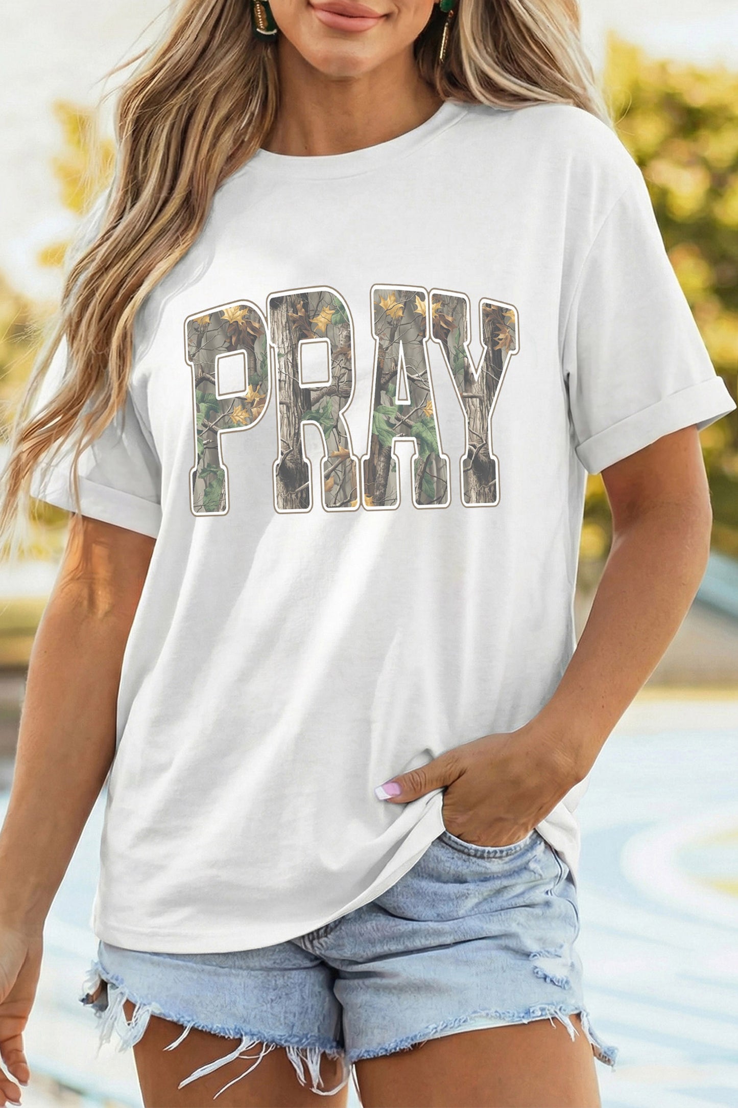 White PRAY Camo Letter Print Casual Round-Neck T-Shirt