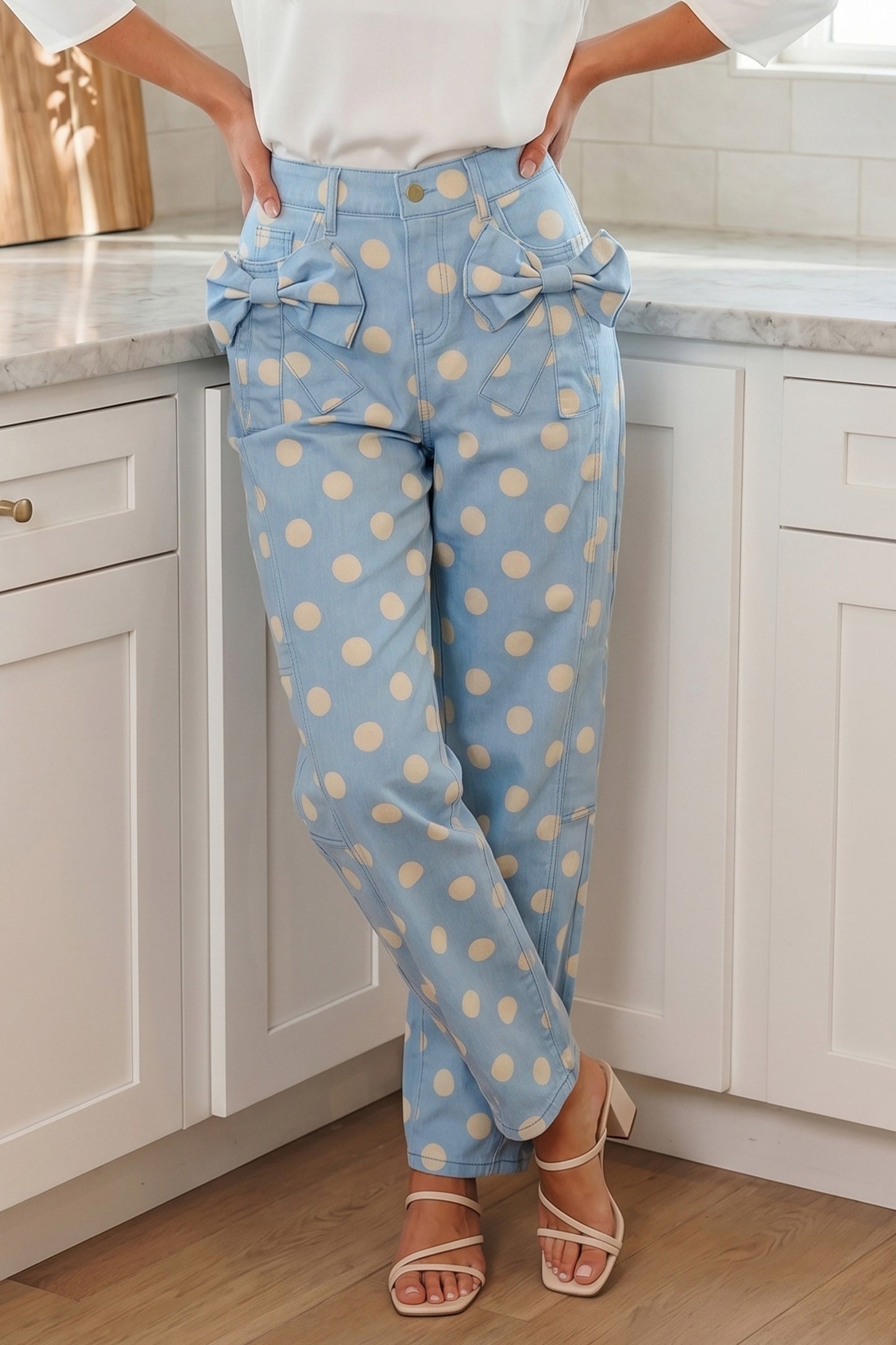 White Polka Dot Print Bow Detail Pocketed Barrel Jeans