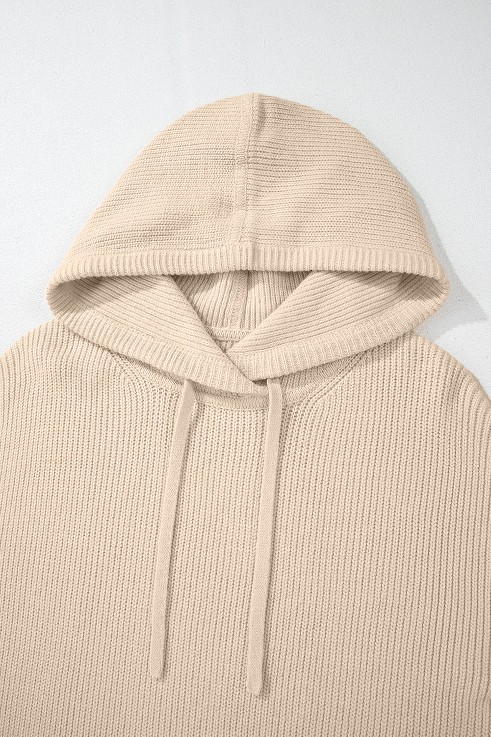 Beige Drawstring-Hood Knit Pullover Sweater