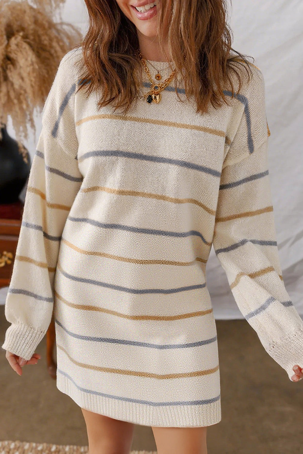 Cream Multicolor Striped Sweater Mini Dress
