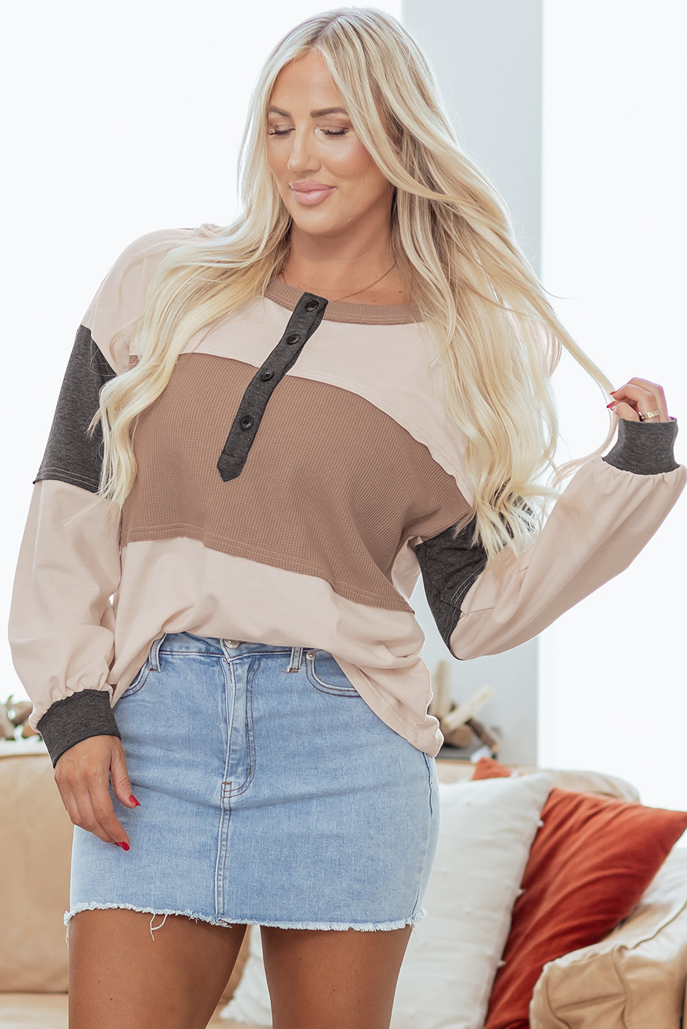 Jet Stream Color-Block Waffle-Knit Henley Top