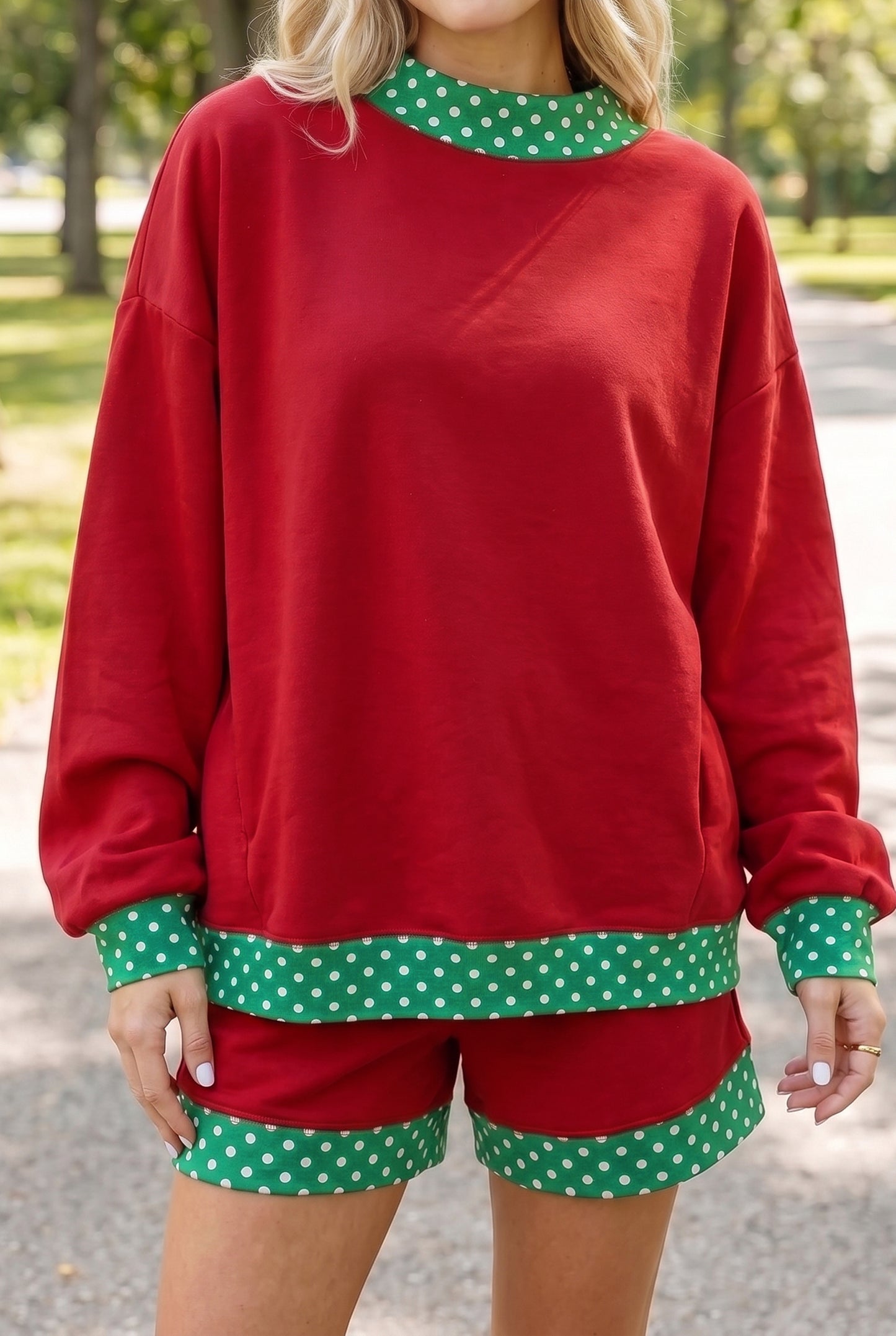Polka-Dot Trim Pullover & Shorts Set