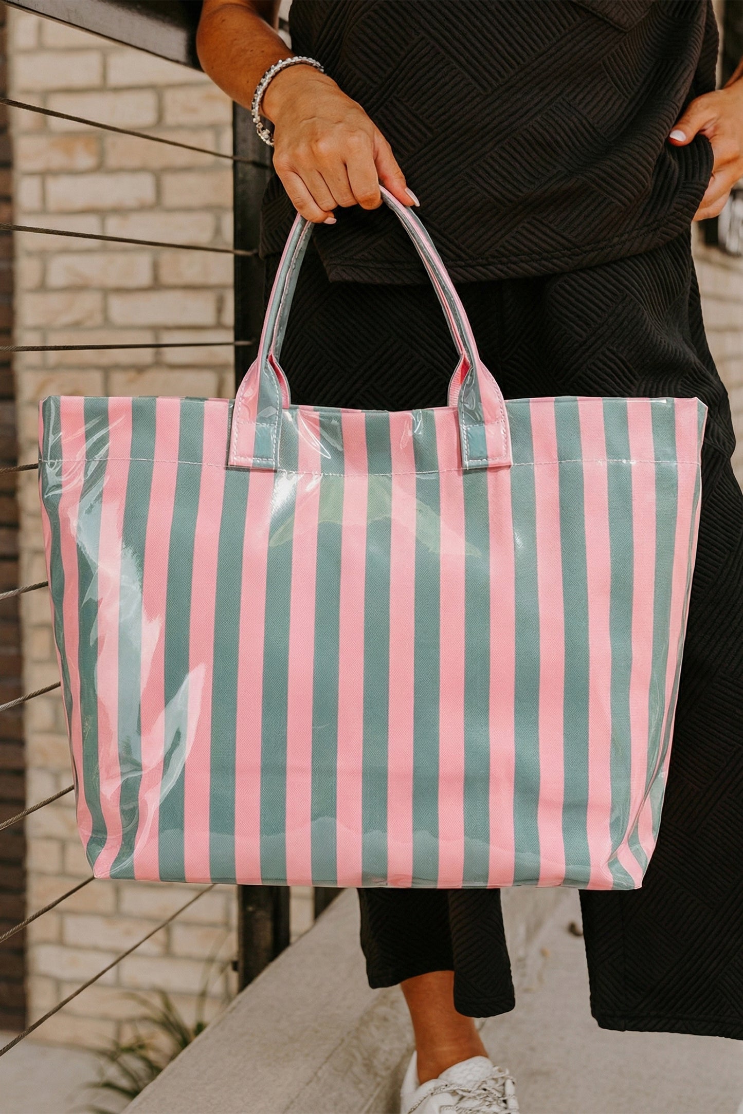 Red Glossy Striped Vinyl Large Tote Bag (Color Varied)