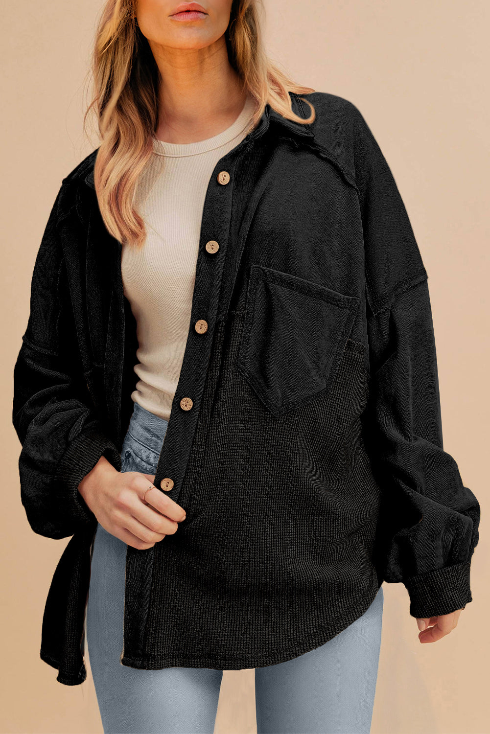 Black Waffle-Knit Oversized Shacket