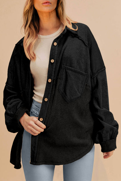 Black Waffle-Knit Oversized Shacket